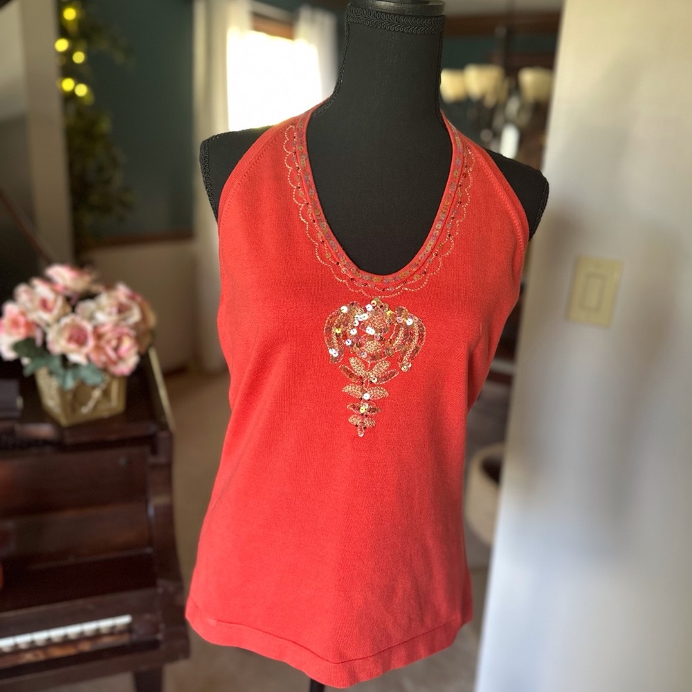 Reba, orange sequin trimmed halter sweater top, gorgeous, size L, $18.